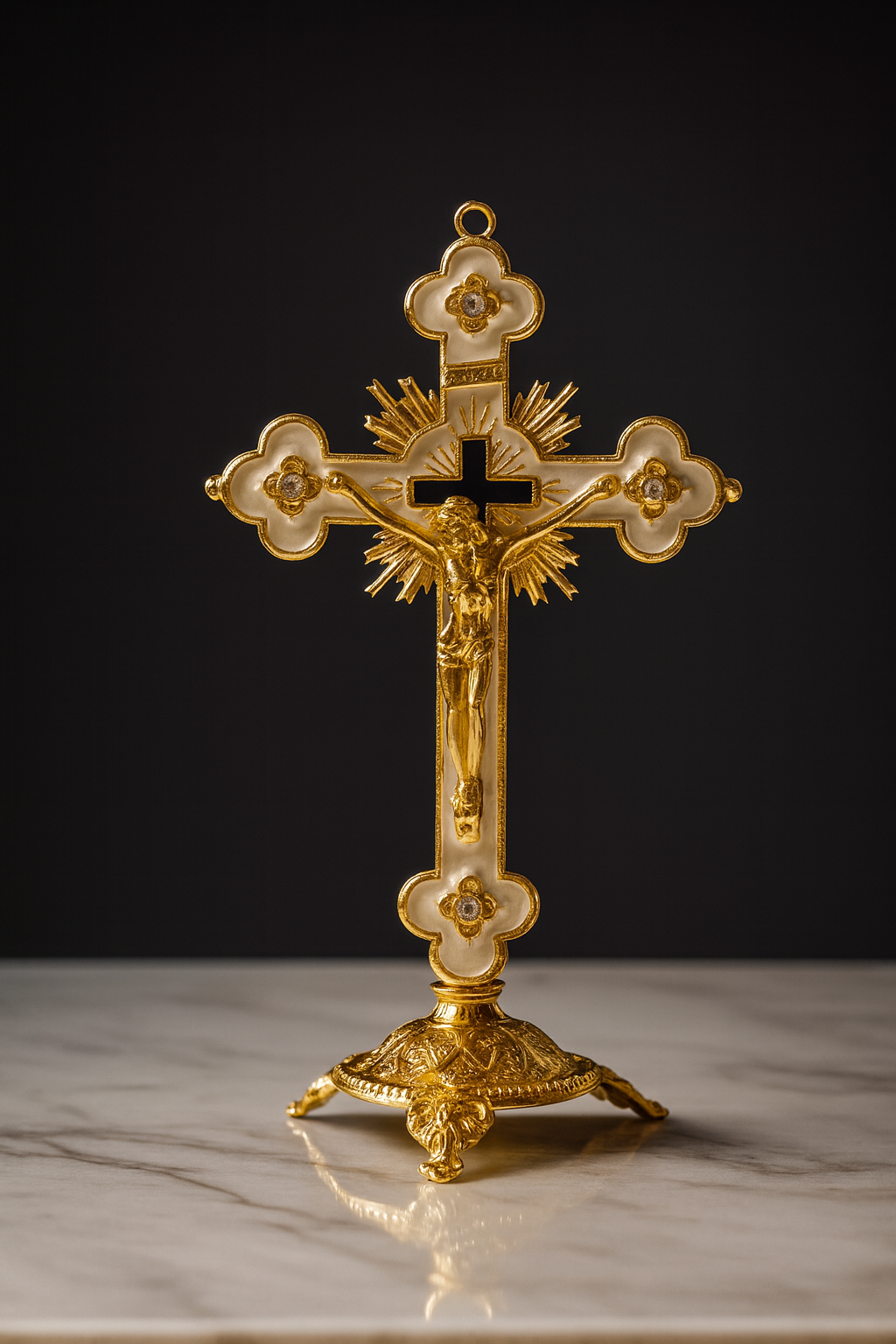 Gold Plated & Pearl Enamel Crucifix with Stand – Ornate Catholic Cross with Jesus – Christian Altar, Prayer, and Home Blessing Décor
