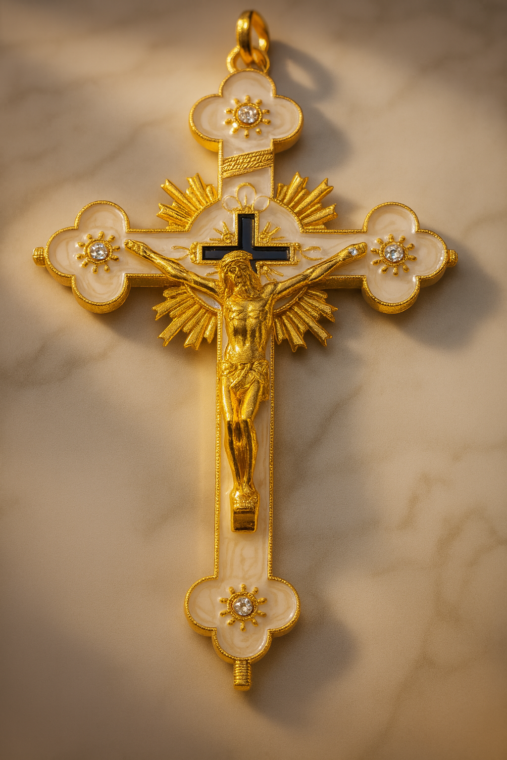 Gold Plated & Pearl Enamel Crucifix with Stand – Ornate Catholic Cross with Jesus – Christian Altar, Prayer, and Home Blessing Décor