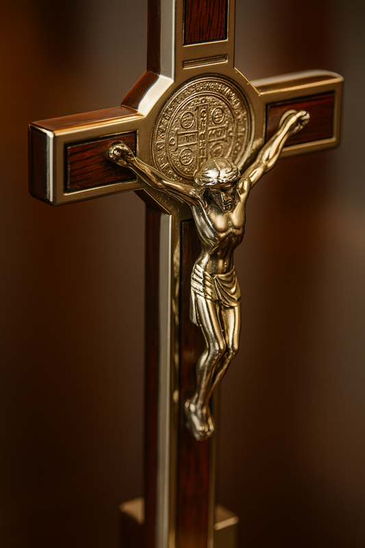 Catholic Saint Benedict Cross Gold/Silver Plated Alloy Craft with Base for Home Church Spiritual Gift Religious Home Decor