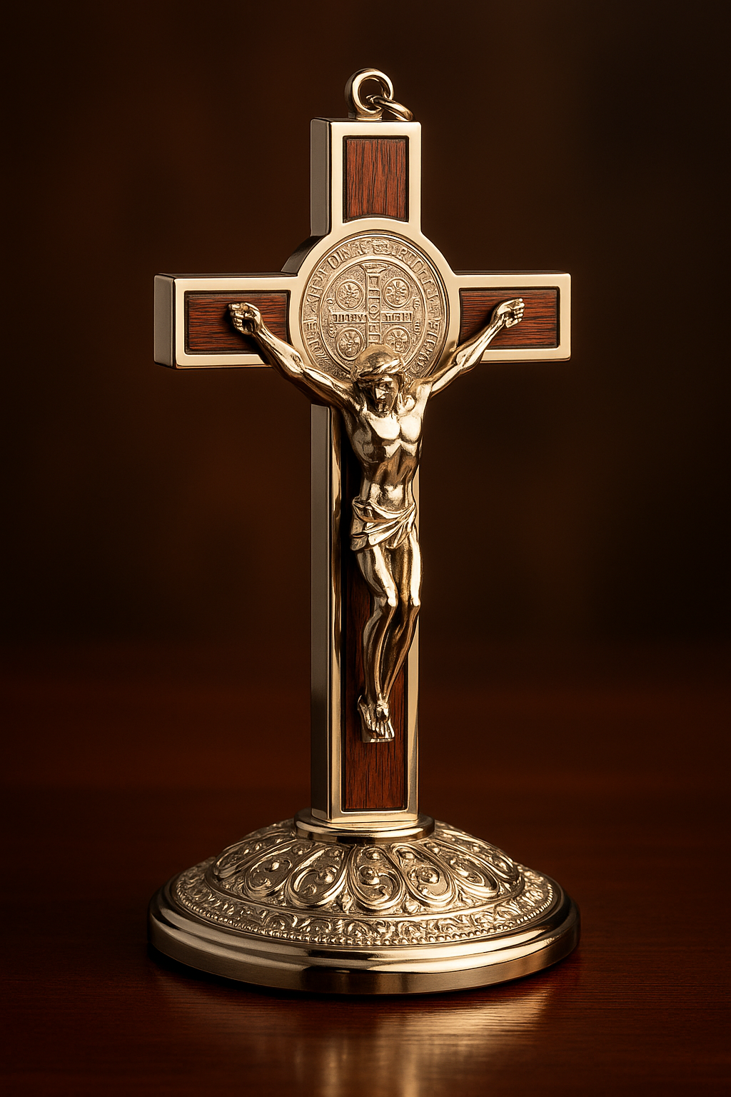 Catholic Saint Benedict Cross Gold/Silver Plated Alloy Craft with Base for Home Church Spiritual Gift Religious Home Decor