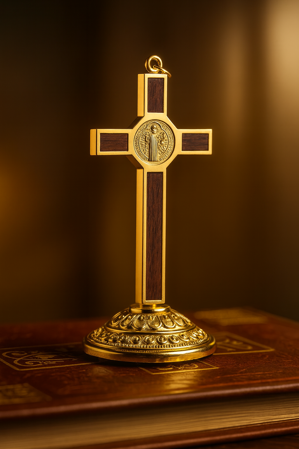 Catholic Saint Benedict Cross Gold/Silver Plated Alloy Craft with Base for Home Church Spiritual Gift Religious Home Decor
