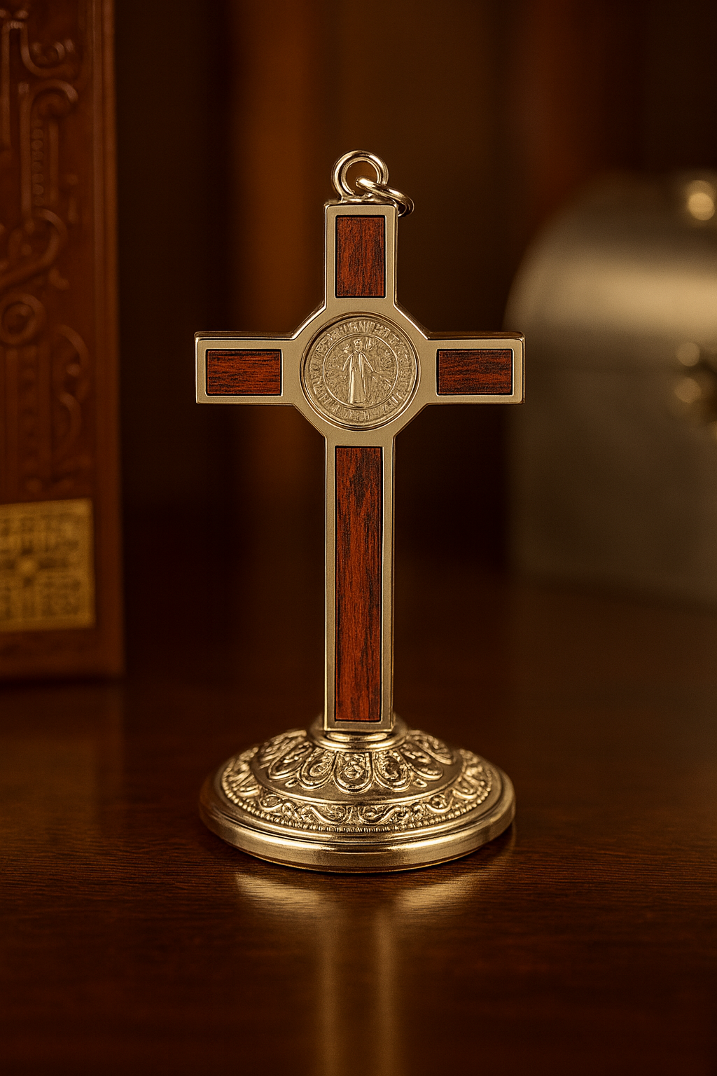 Catholic Saint Benedict Cross Gold/Silver Plated Alloy Craft with Base for Home Church Spiritual Gift Religious Home Decor