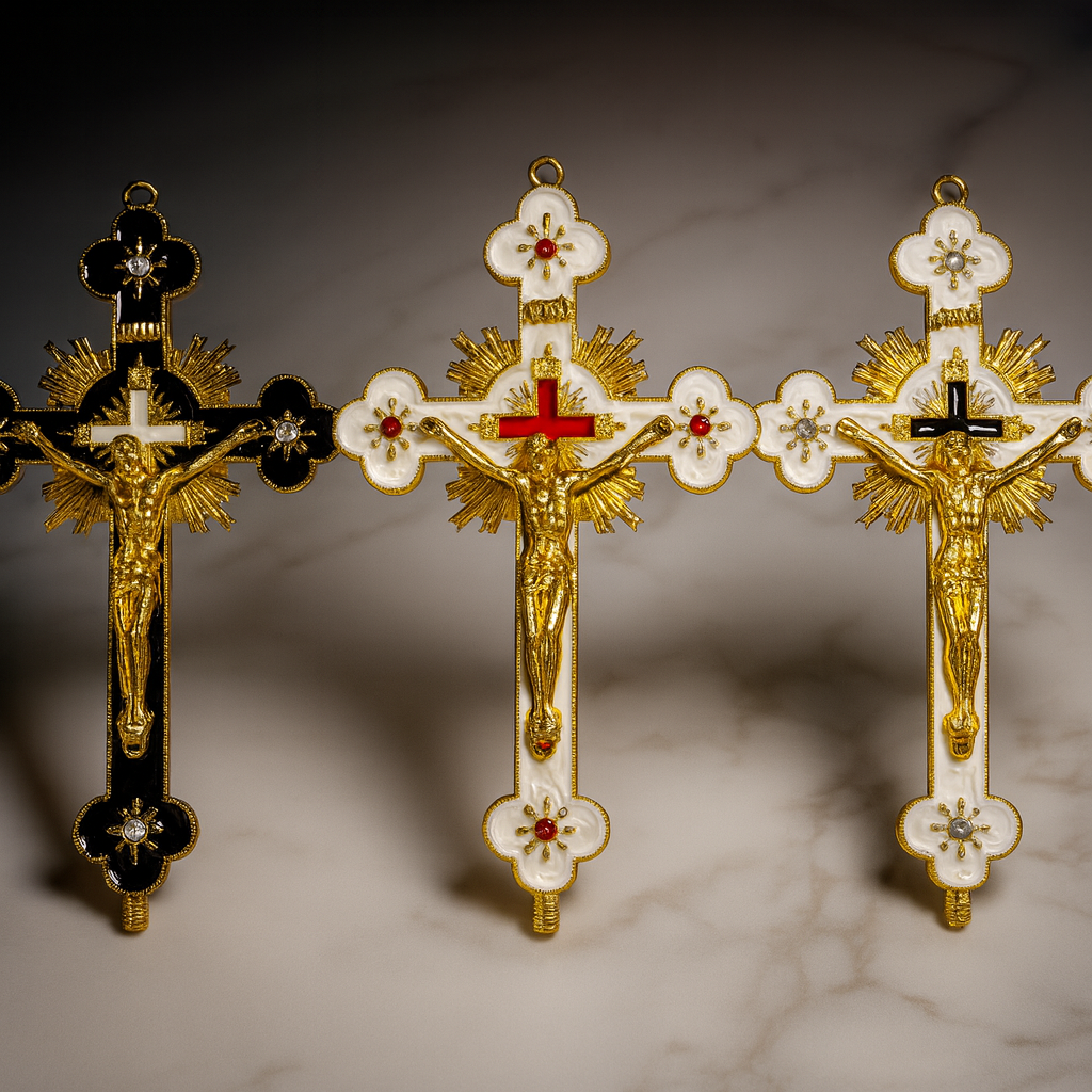 Gold Plated & Pearl Enamel Crucifix with Stand – Ornate Catholic Cross with Jesus – Christian Altar, Prayer, and Home Blessing Décor