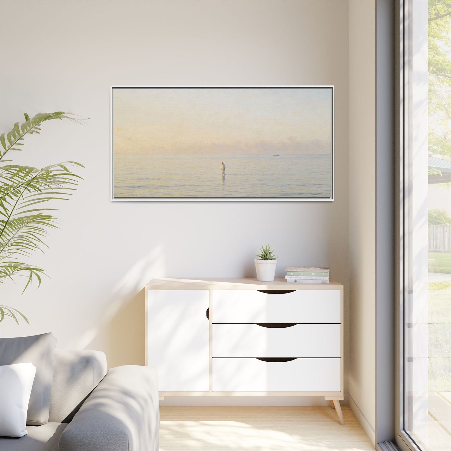 Jesus Walking on Water Canvas Art, Christian Wall Art, Framed Bible-Inspired Artwork, Minimal Christian Home Decor, Large Horizontal Religious Art