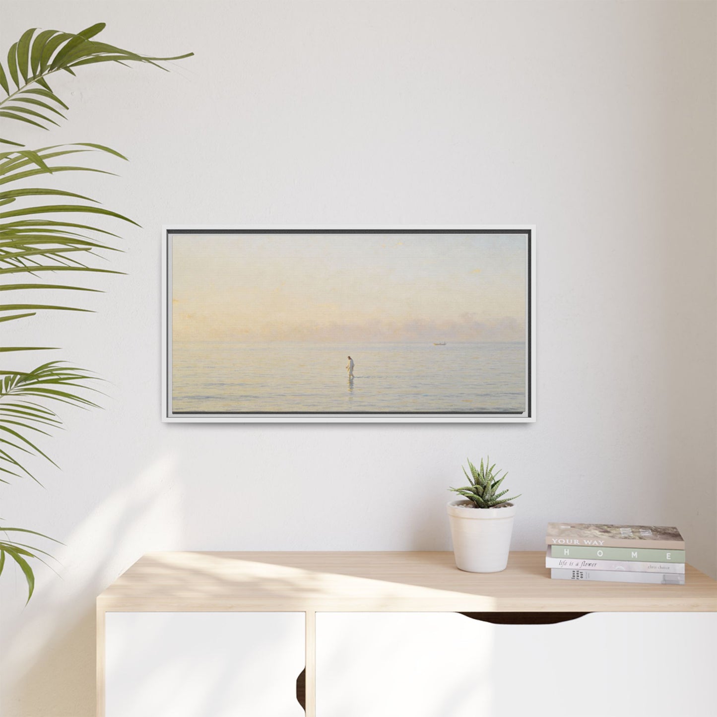 Jesus Walking on Water Canvas Art, Christian Wall Art, Framed Bible-Inspired Artwork, Minimal Christian Home Decor, Large Horizontal Religious Art