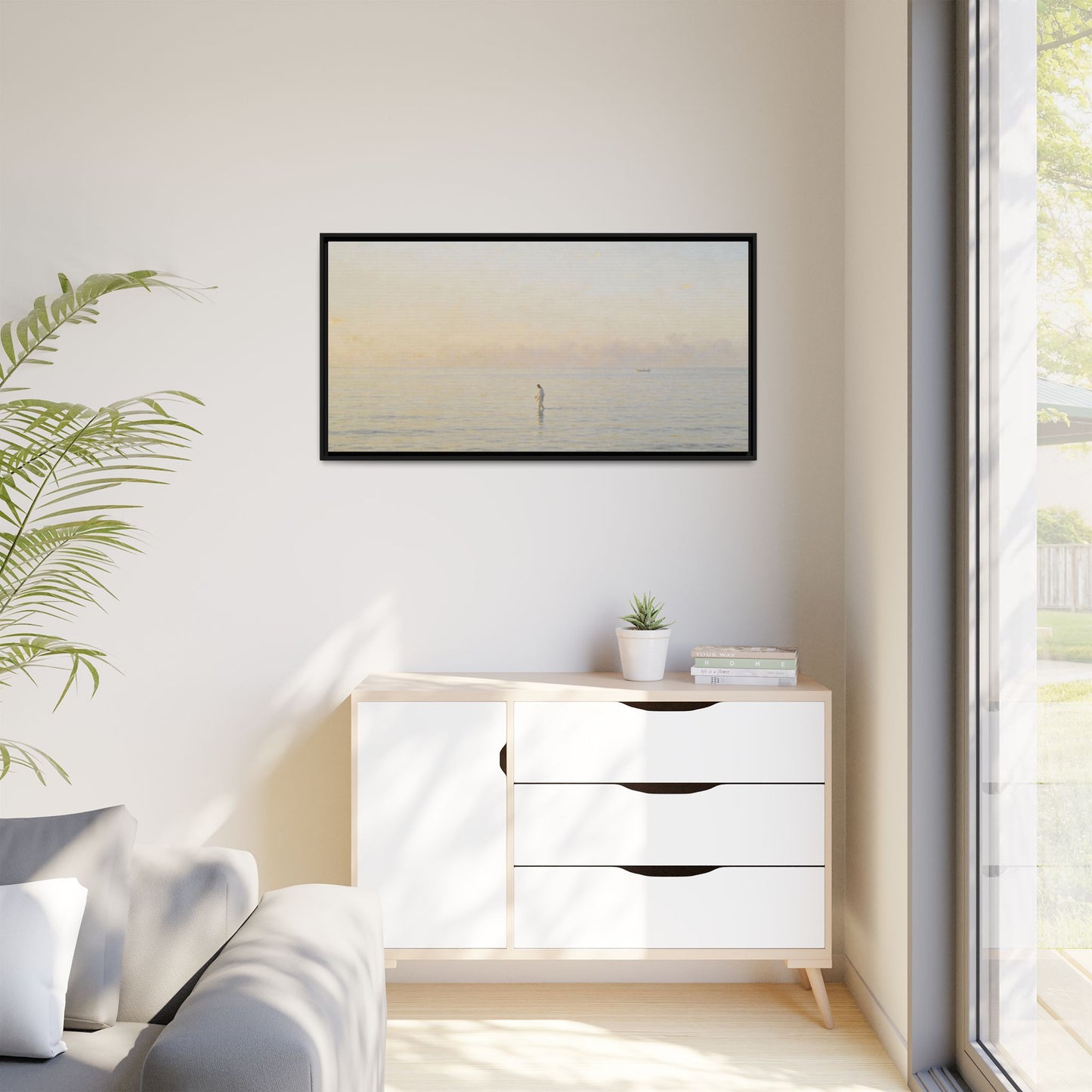 Jesus Walking on Water Canvas Art, Christian Wall Art, Framed Bible-Inspired Artwork, Minimal Christian Home Decor, Large Horizontal Religious Art