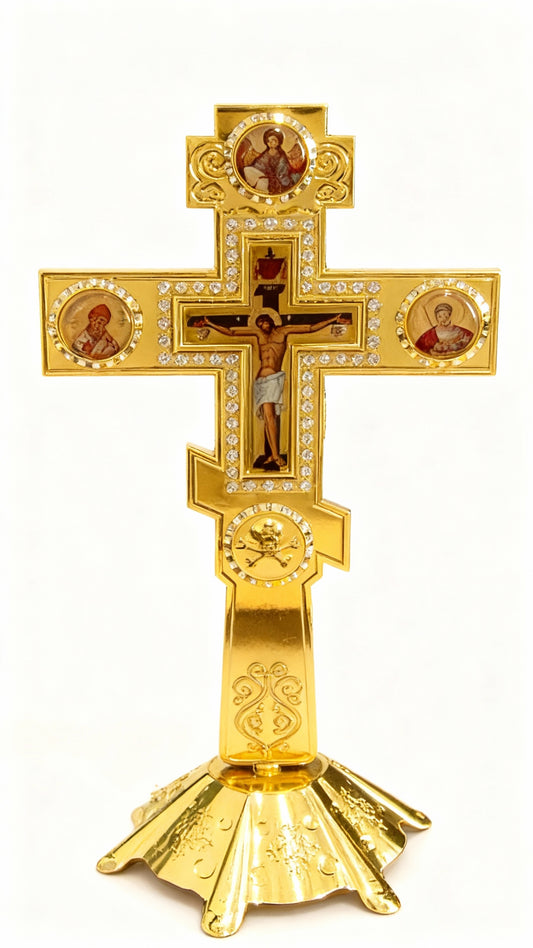 Orthodox Standing Cross with Icons – Gold & Silver Plated Christian Crucifix with Rhinestones | 7.3” Religious Table Decor for Prayer, Altar & Home Blessings