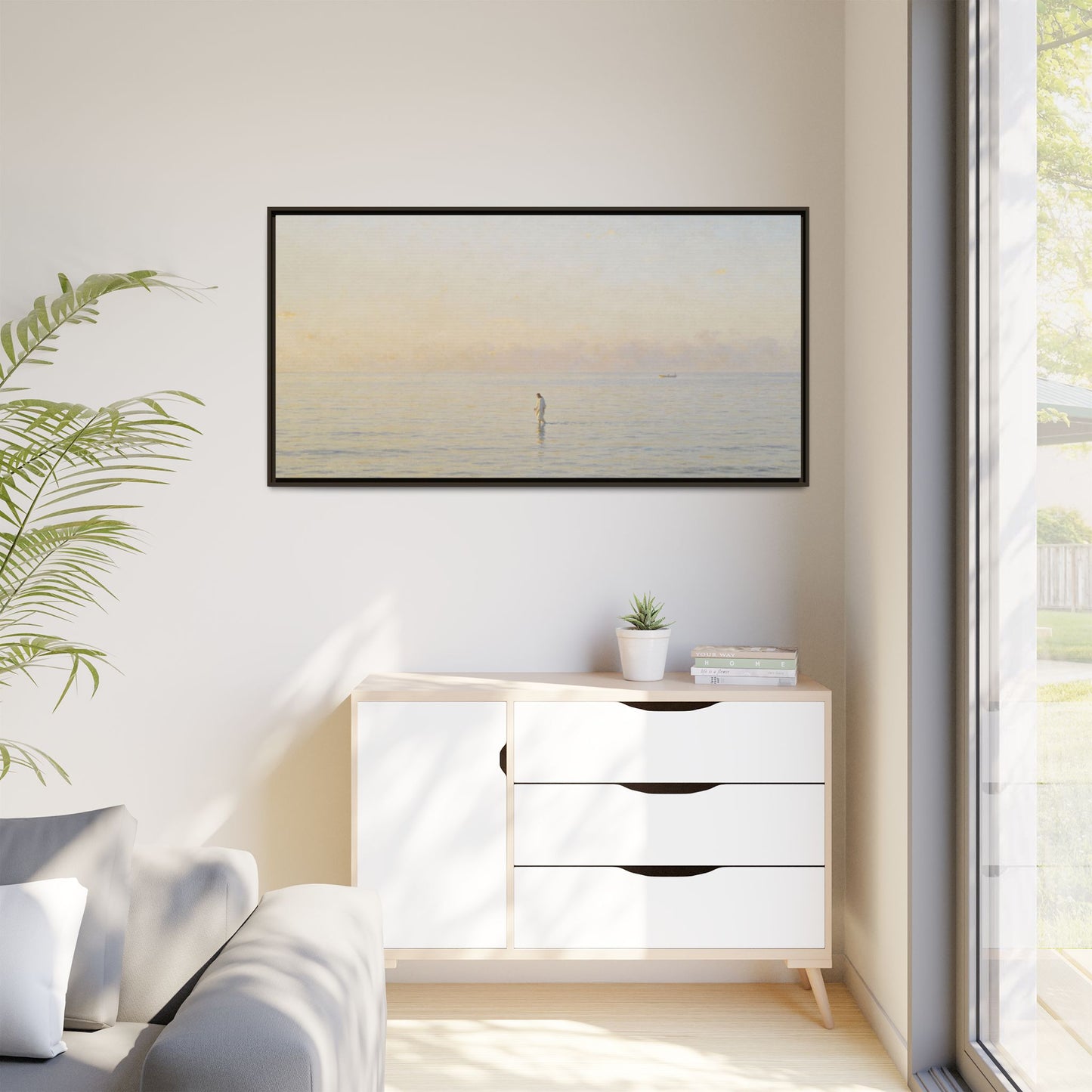 Jesus Walking on Water Canvas Art, Christian Wall Art, Framed Bible-Inspired Artwork, Minimal Christian Home Decor, Large Horizontal Religious Art