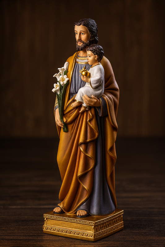 St. Joseph Holding Child Jesus Statue – Catholic Saint Joseph Figurine with Lily – Hand-Painted Christian Home Altar & Religious Gift (8 Inch)