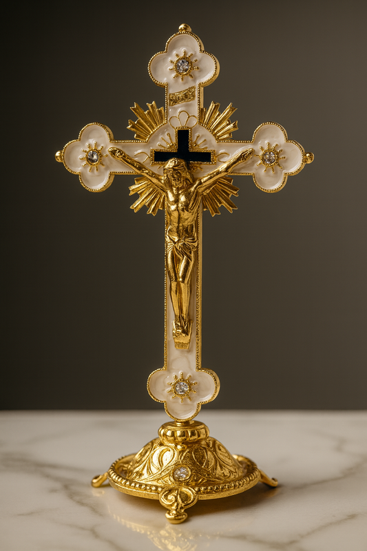 Gold Plated & Pearl Enamel Crucifix with Stand – Ornate Catholic Cross with Jesus – Christian Altar, Prayer, and Home Blessing Décor