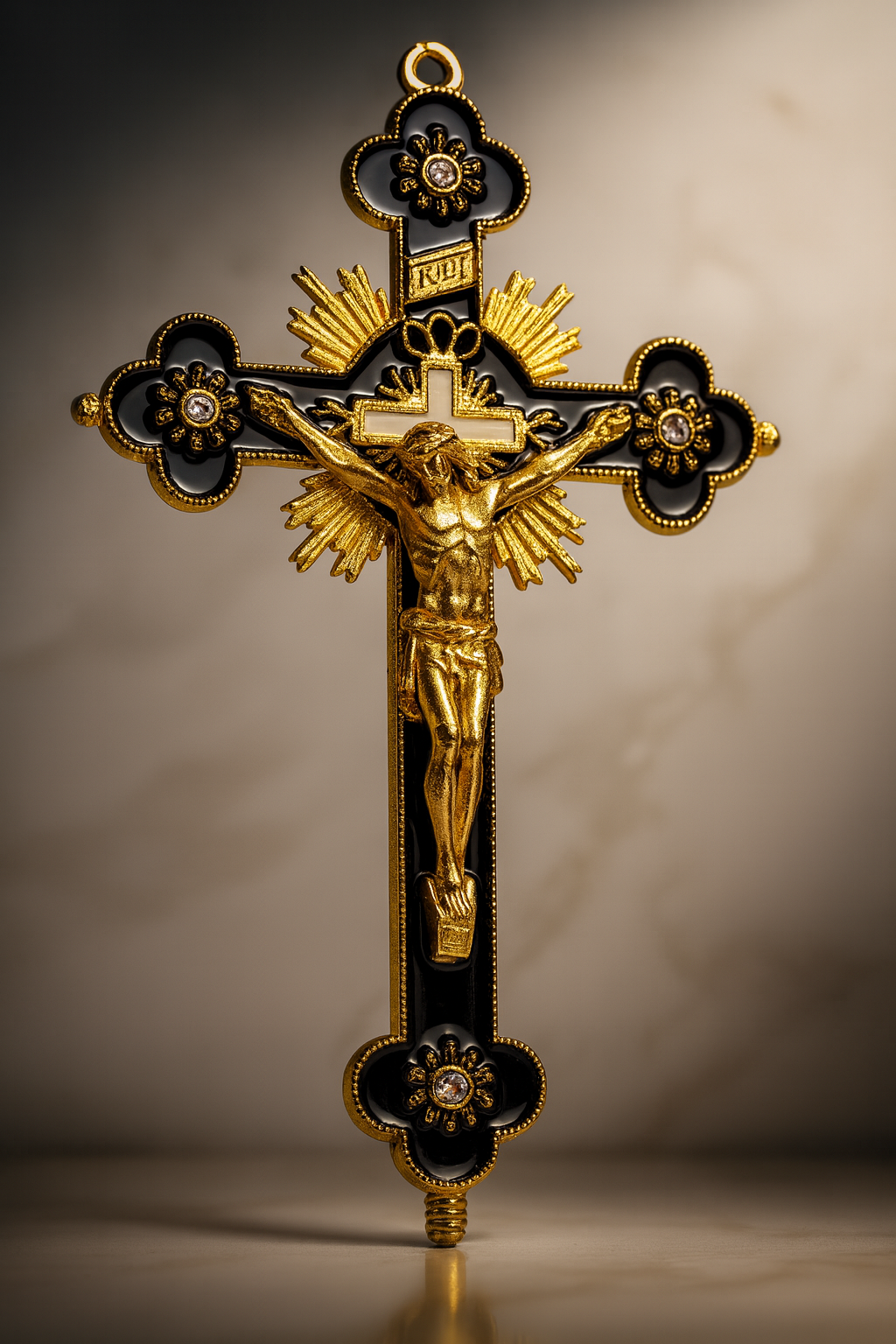 Gold Plated & Pearl Enamel Crucifix with Stand – Ornate Catholic Cross with Jesus – Christian Altar, Prayer, and Home Blessing Décor