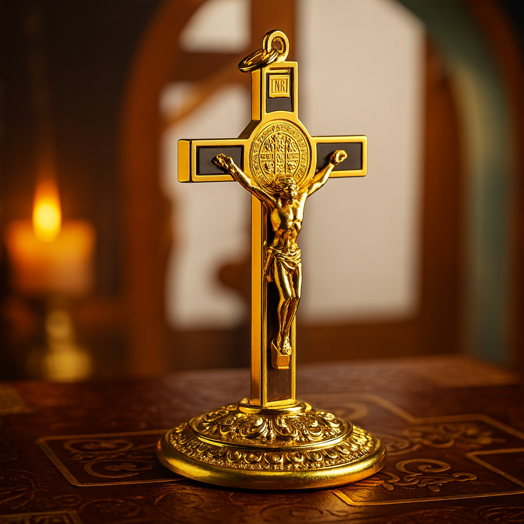 Catholic Saint Benedict Cross Gold/Silver Plated Alloy Craft with Base for Home Church Spiritual Gift Religious Home Decor