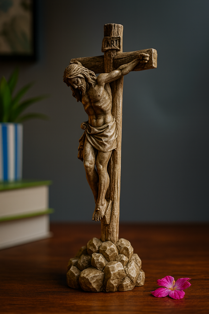 Handmade Crucifix Statue – Jesus on the Cross Sculpture | INRI Calvary Cross Religious Figurine | Christian Catholic Home Altar Décor