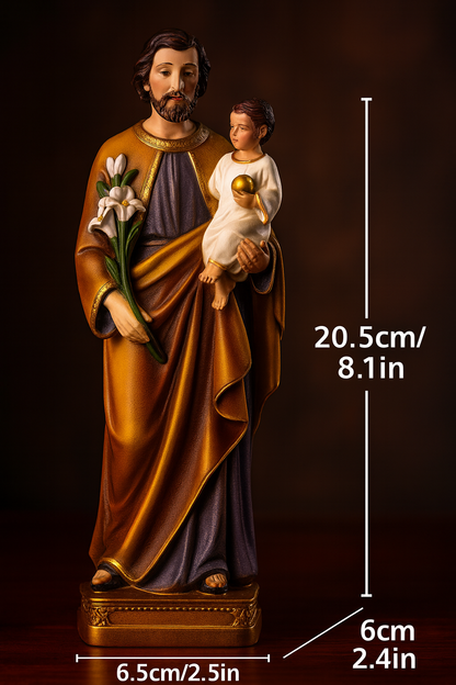 St. Joseph Holding Child Jesus Statue – Catholic Saint Joseph Figurine with Lily – Hand-Painted Christian Home Altar & Religious Gift (8 Inch)