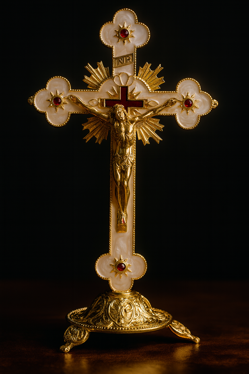 Gold Plated & Pearl Enamel Crucifix with Stand – Ornate Catholic Cross with Jesus – Christian Altar, Prayer, and Home Blessing Décor