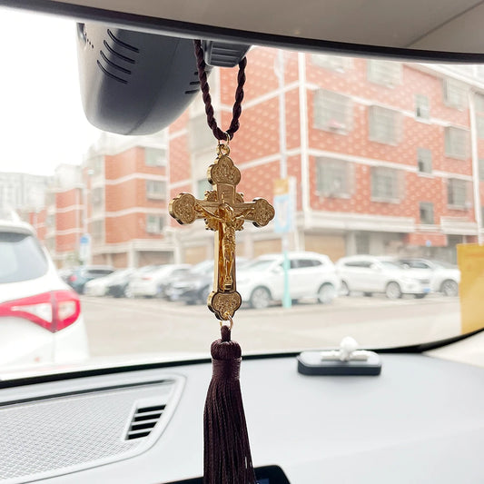 Gold Orthodox Car Hanging Cross | Jesus Crucifix Rearview Mirror Charm | Christian Faith Ornament | Religious Gift | Gold & Brown 32 cm