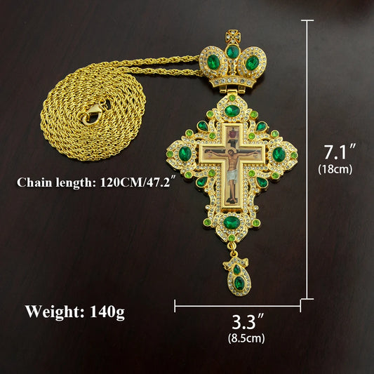 Gold Orthodox Pectoral Cross with Gemstones – Red, Green & Blue Jeweled Crucifix Pendant | Priest Cross Necklace with Gift Box