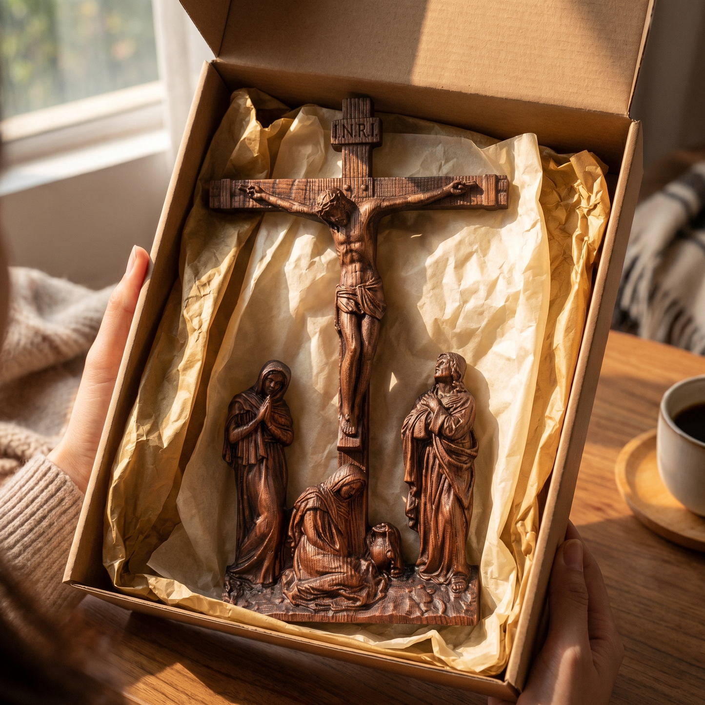 Hand Carved Wooden Crucifixion scene
