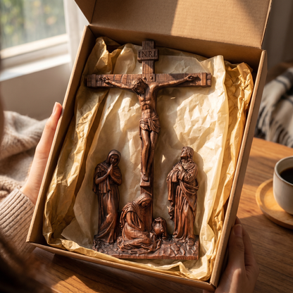 Hand Carved Wooden Crucifixion scene
