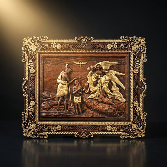 Baptism of Jesus carved wood relief panel, vintage finish