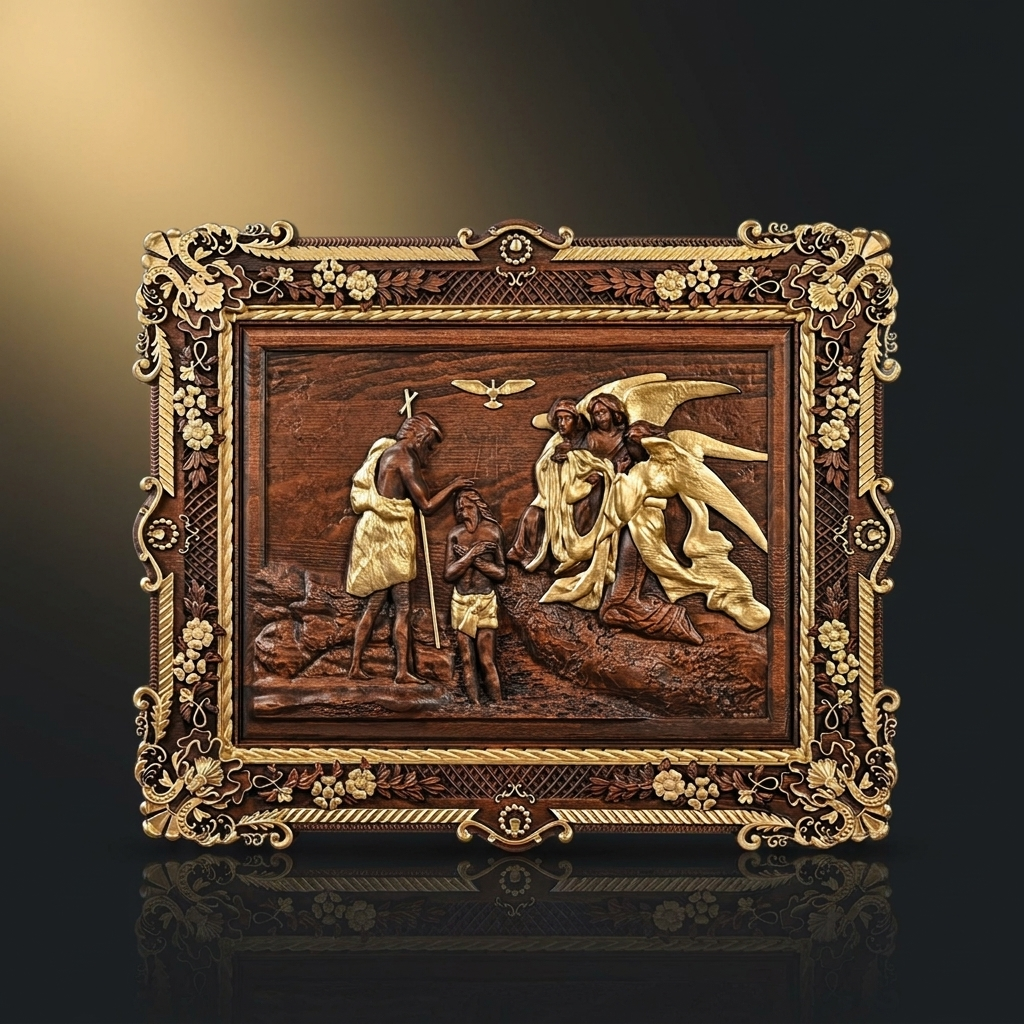 Hand-painted gold finish baptism relief panel