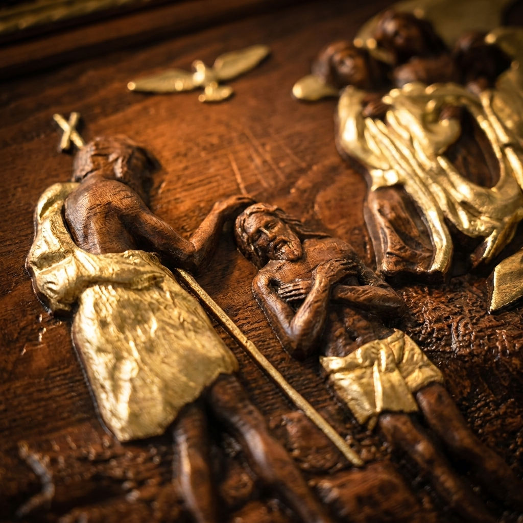 Close-up of carved figures with gold accents