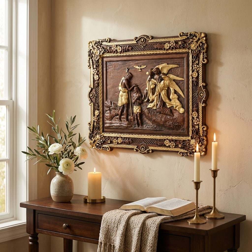 Baptism relief panel hanging in home prayer corner