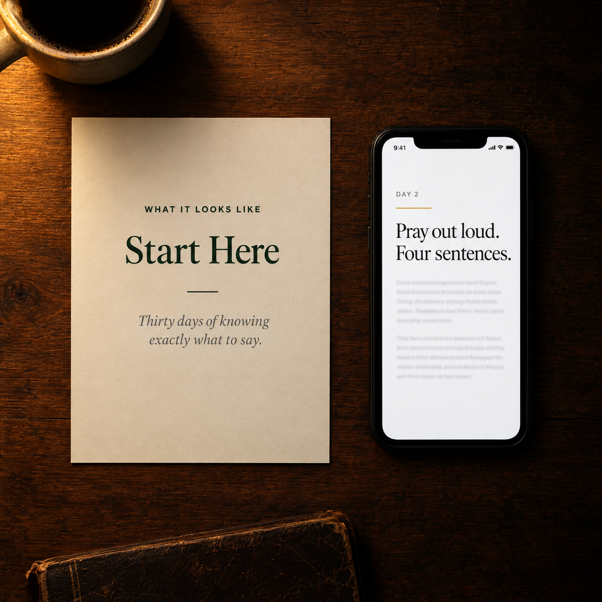 What It Looks Like: the Start Here page and a phone showing the Day 2 email on a kitchen table at night
