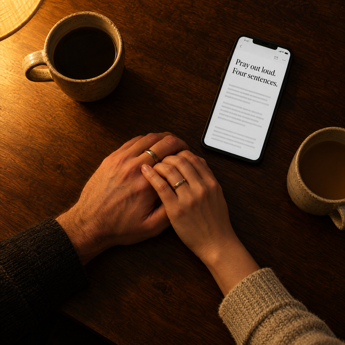 A husband and wife holding hands at the kitchen table beside the Day 2 email