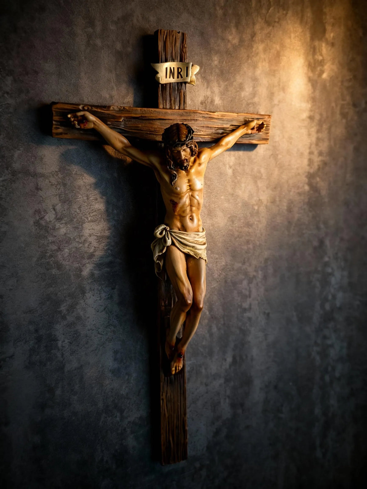 Handcrafted Jesus Crucifix Statue – Wood Resin Cross – Christian Religious Home Decor Gift