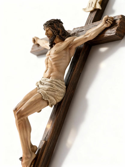 Handcrafted Jesus Crucifix Statue – Wood Resin Cross – Christian Religious Home Decor Gift