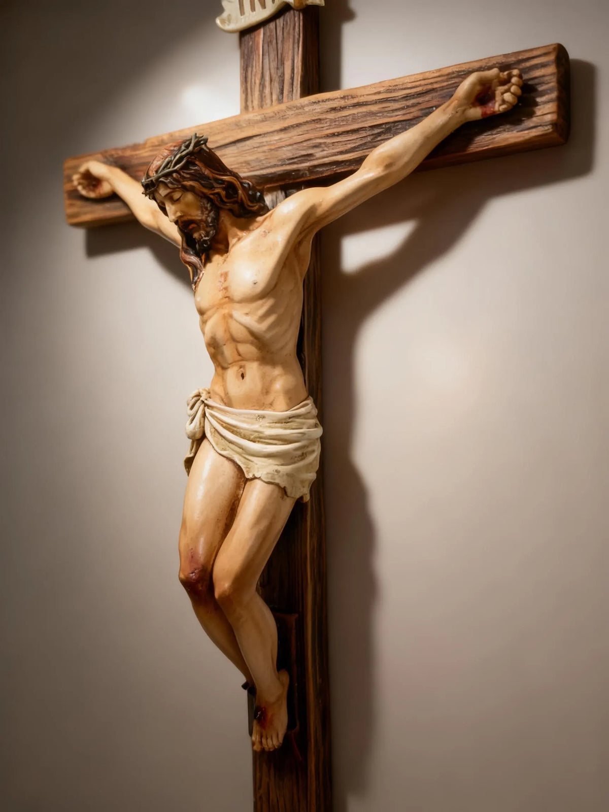 Handcrafted Jesus Crucifix Statue – Wood Resin Cross – Christian Religious Home Decor Gift