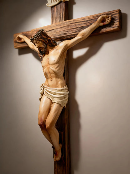 Handcrafted Jesus Crucifix Statue – Wood Resin Cross – Christian Religious Home Decor Gift