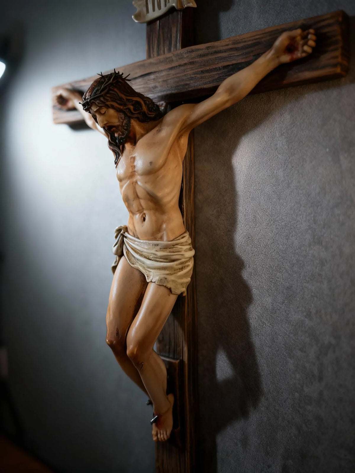 Handcrafted Jesus Crucifix Statue – Wood Resin Cross – Christian Religious Home Decor Gift