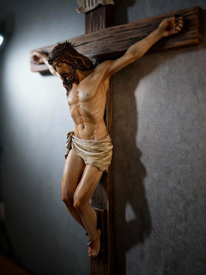 Handcrafted Jesus Crucifix Statue – Wood Resin Cross – Christian Religious Home Decor Gift