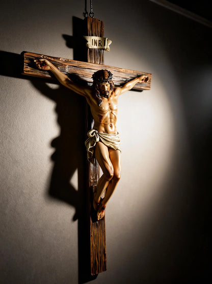 Handcrafted Jesus Crucifix Statue – Wood Resin Cross – Christian Religious Home Decor Gift