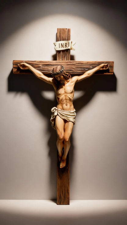 Handcrafted Jesus Crucifix Statue – Wood Resin Cross – Christian Religious Home Decor Gift