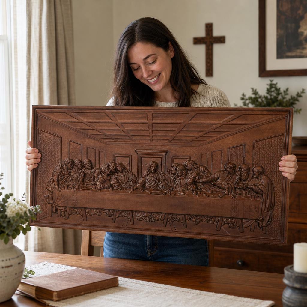 Last Supper wooden wall art, carved relief