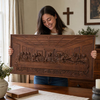 Last Supper wooden wall art, carved relief